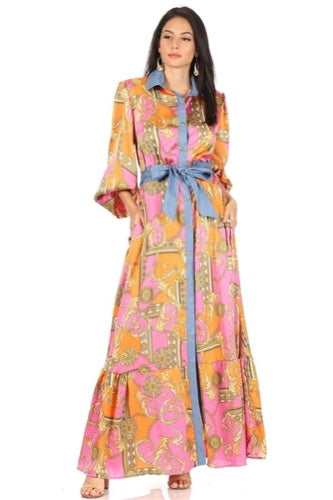 Pink/Orange Printed Long Maxi Dress large
