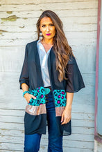 Load image into Gallery viewer, BLACK BLOCKED LEOPARD TURQUOISE PINK LEOPARD/ROSE GOLD SEQUIN KIMONO