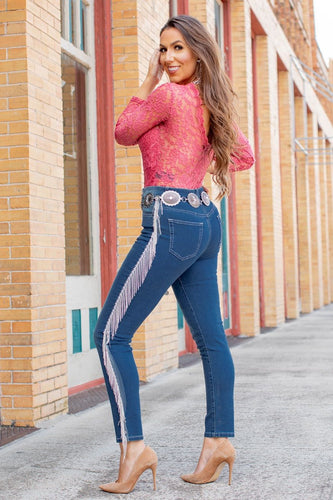 MID WASH RHINESTONE FRINGE SKINNY JEANS