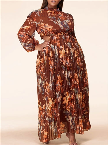 Side Cut Glazed Printed Maxi Dress with Pleats