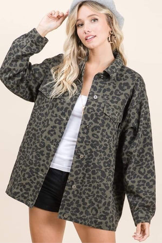 OLIVE LEOPARD BUTTON DOWN JACKET