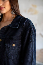 Load image into Gallery viewer, DISTRESSED BLACK STONE WASH DENIM JACKET
