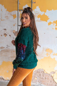 TEAL SWEATER WITH SEQUIN SLEEVES