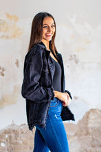Load image into Gallery viewer, DISTRESSED BLACK STONE WASH DENIM JACKET
