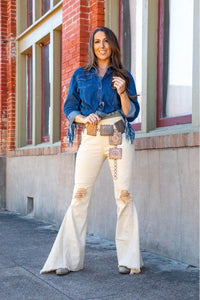Beige Mineral Wash Distressed Knee High Rise Flare Jeans