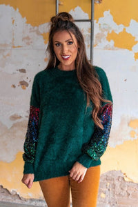 TEAL SWEATER WITH SEQUIN SLEEVES