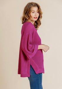 High Low Side Slit Waffle Knit Rolled Sleeve Top