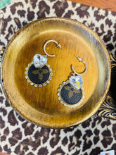 Load image into Gallery viewer, Small Gold Hoops with upcycled charm and crystal