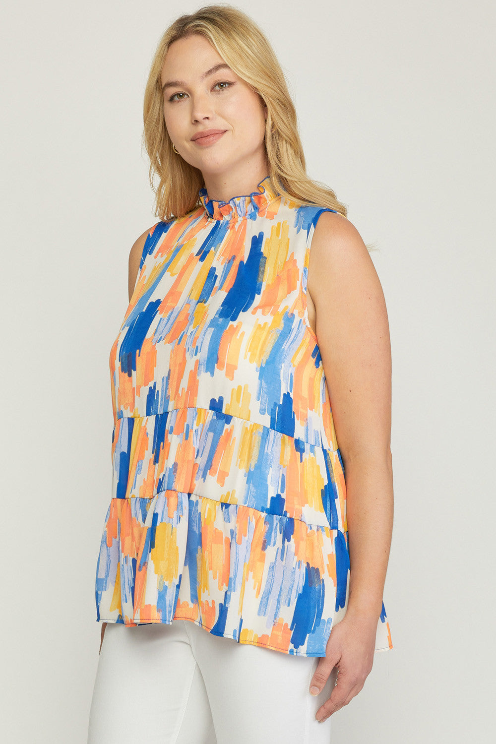 Printed mock neck sleeveless top
