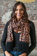 Load image into Gallery viewer, AMBER LEOPARD SCARF W/ BLACK FRINGE