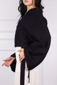 RUCHED SLEEVE RIBBED SWEATER