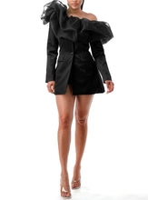 Load image into Gallery viewer, Off the Shoulder Tulle Ruffle Satin Blazer