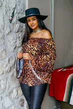Load image into Gallery viewer, Brown Leopard Off Shoulder Ruffle Sleeve Blouse