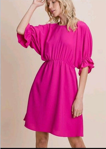 Fushsia Short Sleeve Dress with Elastic Sleeves