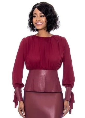 Long Sleeve Ribbon Cuff Faux Leather Peplum Top