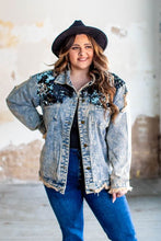 Load image into Gallery viewer, DISTRESSED DENIM JACKET WITH BLACK SEQUIN DETAIL
