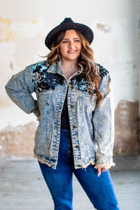 DISTRESSED DENIM JACKET WITH BLACK SEQUIN DETAIL