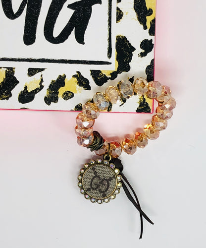 Light Brown Beaded Bracelet with Upcycled Charm & Swarovski Crystal