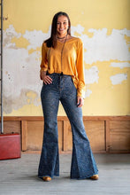 Load image into Gallery viewer, Mid Wash High Rise Flared Denim W/  Blue Leopard Print