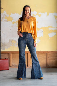 Mid Wash High Rise Flared Denim W/  Blue Leopard Print