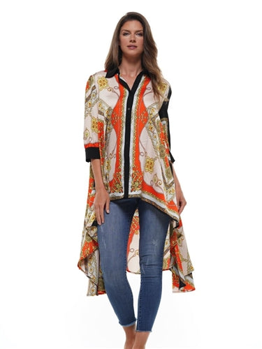 Scarf Print High-low Button-front Top
