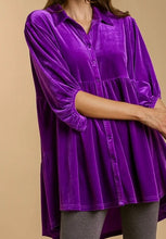 Load image into Gallery viewer, Velvet 3/4 Sleeve Collar Button Down Tunic Dress Top with Tiered Back