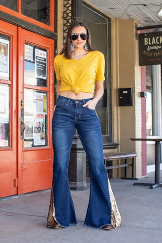 DENIM JEANS WITH GOLD SEQUINS INSERTED