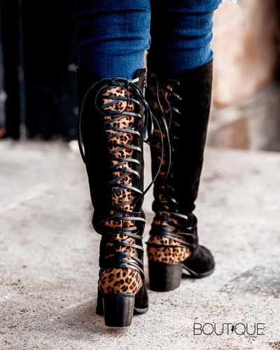 Black Boots with Leopard Tie String Back