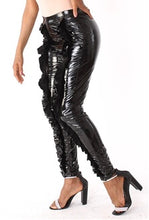 Load image into Gallery viewer, Black Faux Patent Leather Ruffle Trim Skinny Pant