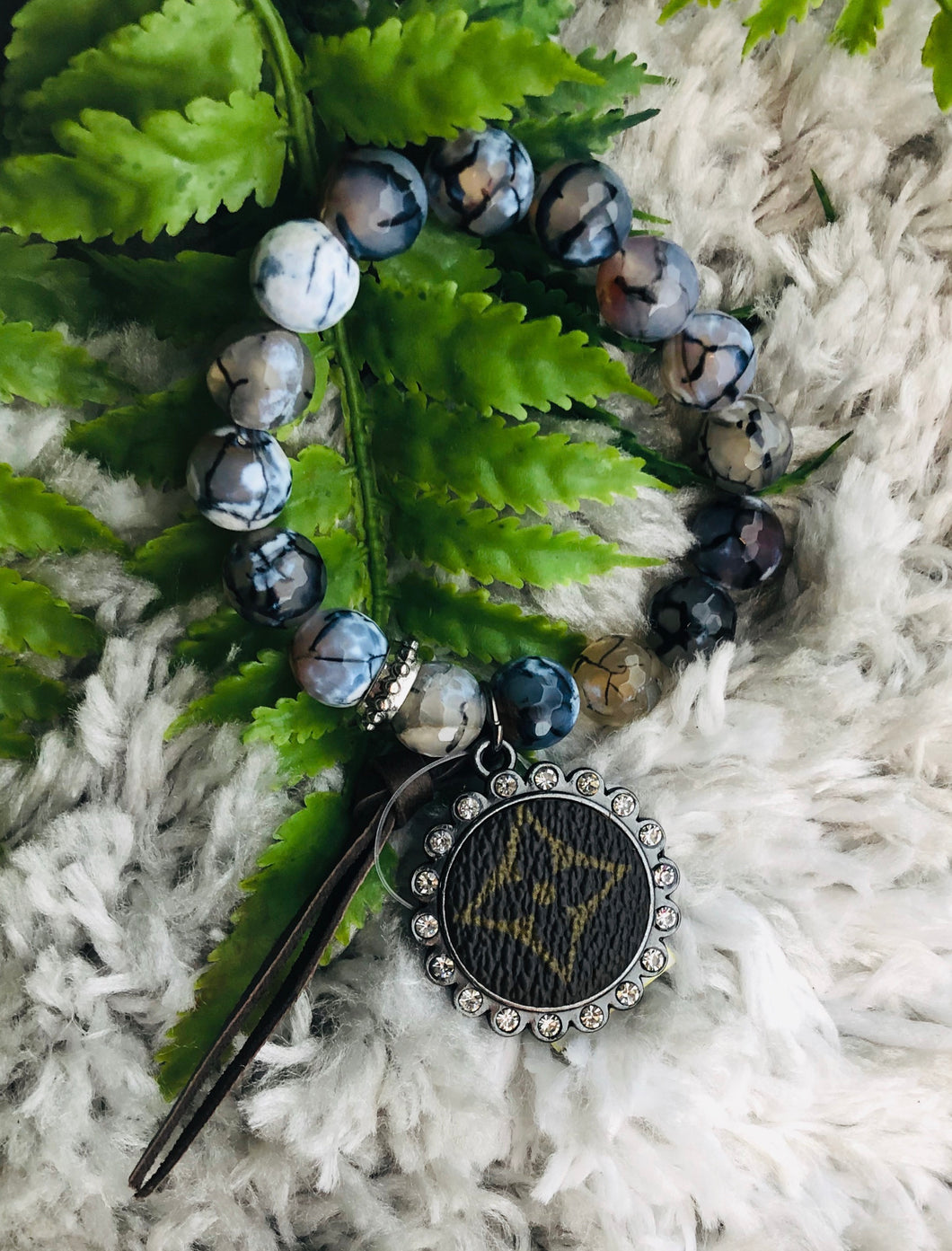 Blue Marble Beaded Upcycled Bracelet with Swarovski Crystals