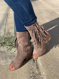 TAUPE SIDE FRINGE ANKLE BOOTS