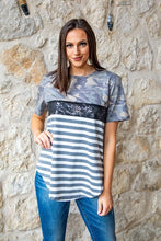 Load image into Gallery viewer, CAMO COLOR BLOCKED T-SHIRT W/SEQUIN STRIPE