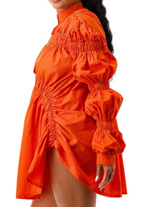 Ruched Long Puff Sleeve Mini Top Dress