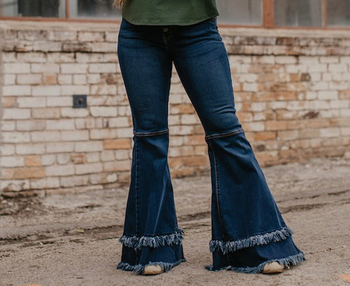 Dark Wash Denim Jeans With Two Tier Flare Frayed Hem