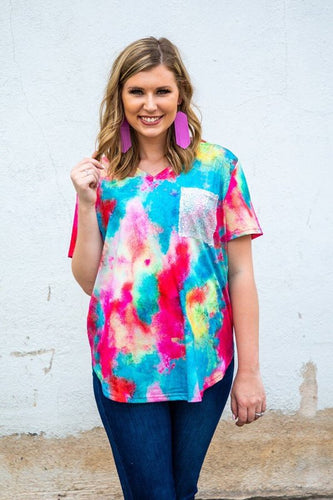 Jade Tie Dye V-Neck Tee w/Sequin Pocket