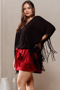 Solid Print Short Sleeves Fringe Poncho