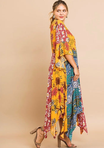 Spicy Multicolor Floral Bell Sleeve Button Front Maxi Dress with Sharkbite Hem
