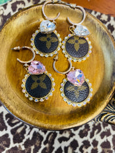 Load image into Gallery viewer, Small Gold Hoops with upcycled charm and crystal
