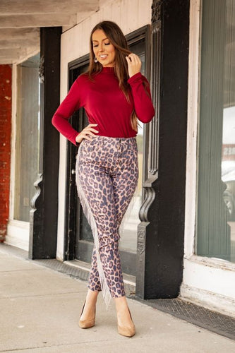 LEOPARD RHINESTONE FRINGE SKINNY JEAN