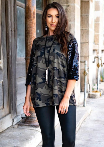Camo Tee W/ Blk Sequin Sleeves