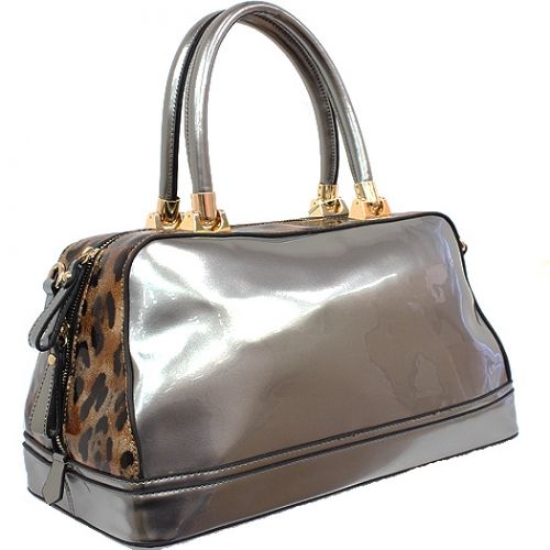 Pewter Patent Double Strap Bag with Leopard Sides