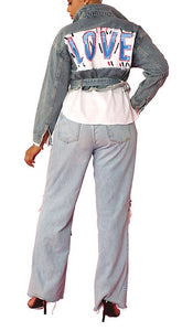 Belted Crop Denim Jacket With Paint and white Shirt Trim