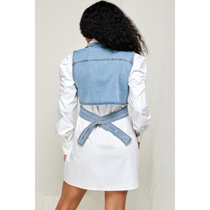 Shirt Dress With Wrap Around Collar Denim Vest