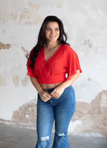 Red Surplice Neck Flutter Sleeve Crop Top