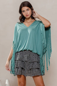 Solid Print Short Sleeves Fringe Poncho
