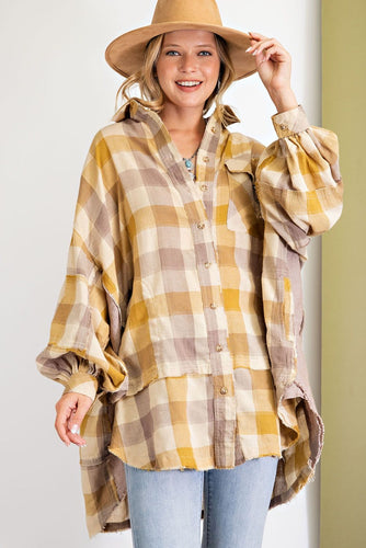 KHAKI PLAID YARN DYE OVERSIZED SHIRT DRESS