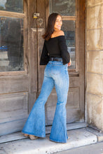 Load image into Gallery viewer, MID WASH WITH SILVER IRIDESCENT SEQUINS KNEE PATCH FLARE JEAN