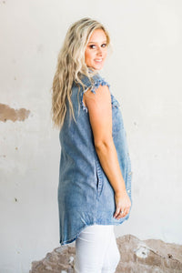 MID WASH DENIM BUTTON DOWN TUNIC