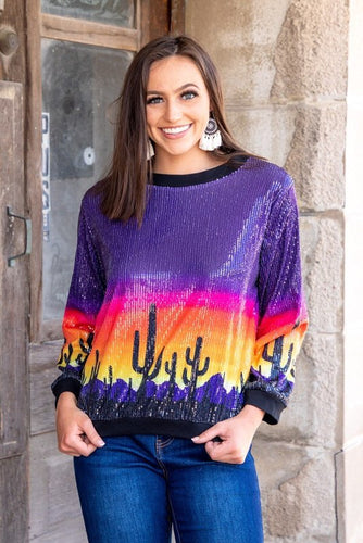 CACTUS SEQUIN SWEATSHIRT WITH RIBBED KNIT TRIM