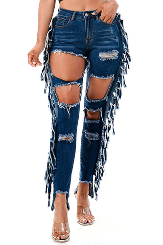 Side Fringe Distressed Frayed Denim Jeans